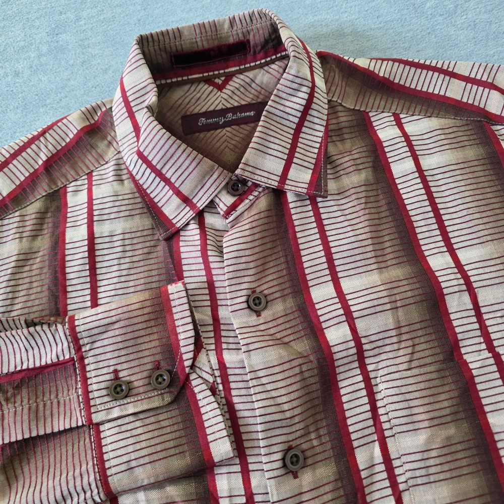 Tommy Bahama Mens Small 100% Silk Long Sleeve Striped Button Down Shirt Red Tan